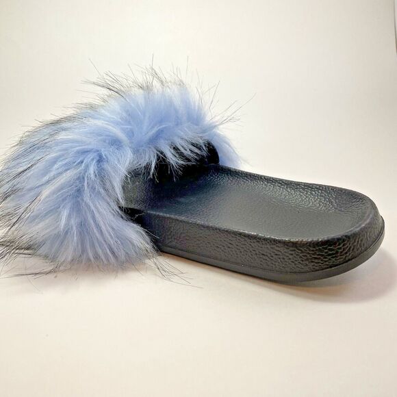 Faux Fox Fur Slides/Slippers Women's US 7.5-8 Light Blue Fuzzy Fluffy Flat Soft - Picture 2 of 15